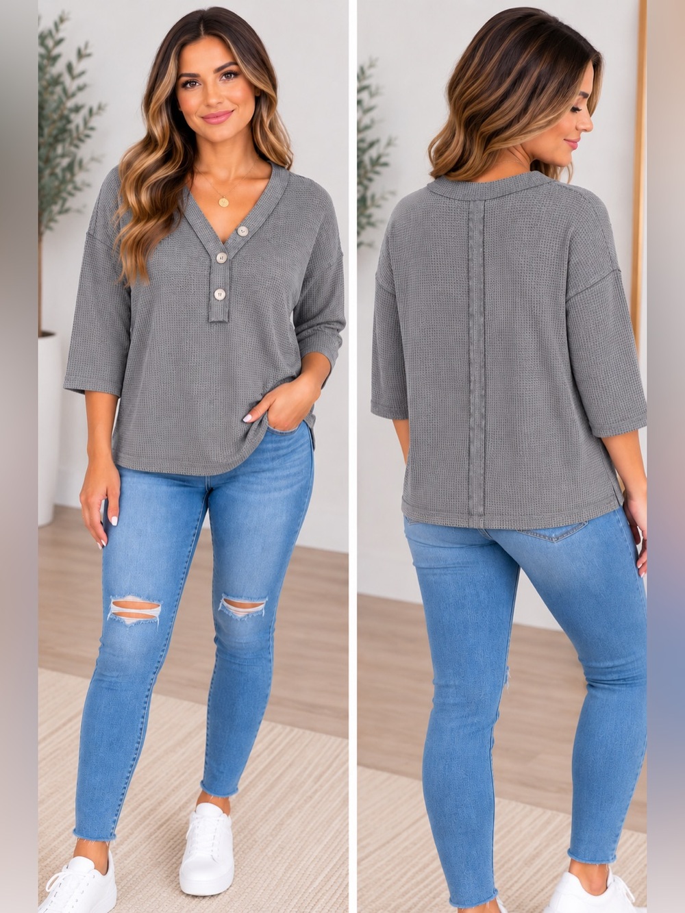 ANDREE BY UNIT Women’s Heather Gray Waffle 3/4 Sleeve Shirt